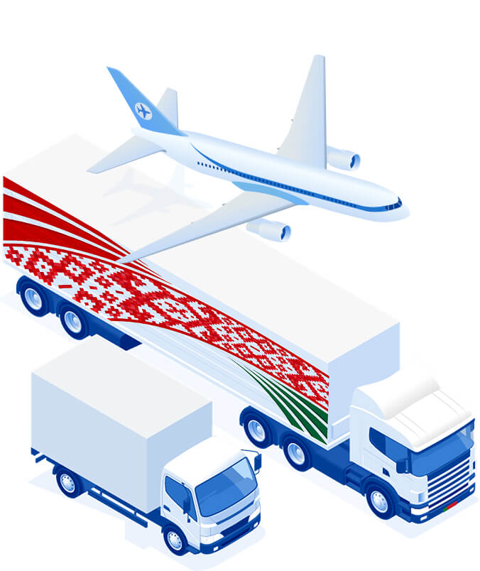 Logistics illustration showing trucks, airplane, and transportation routes